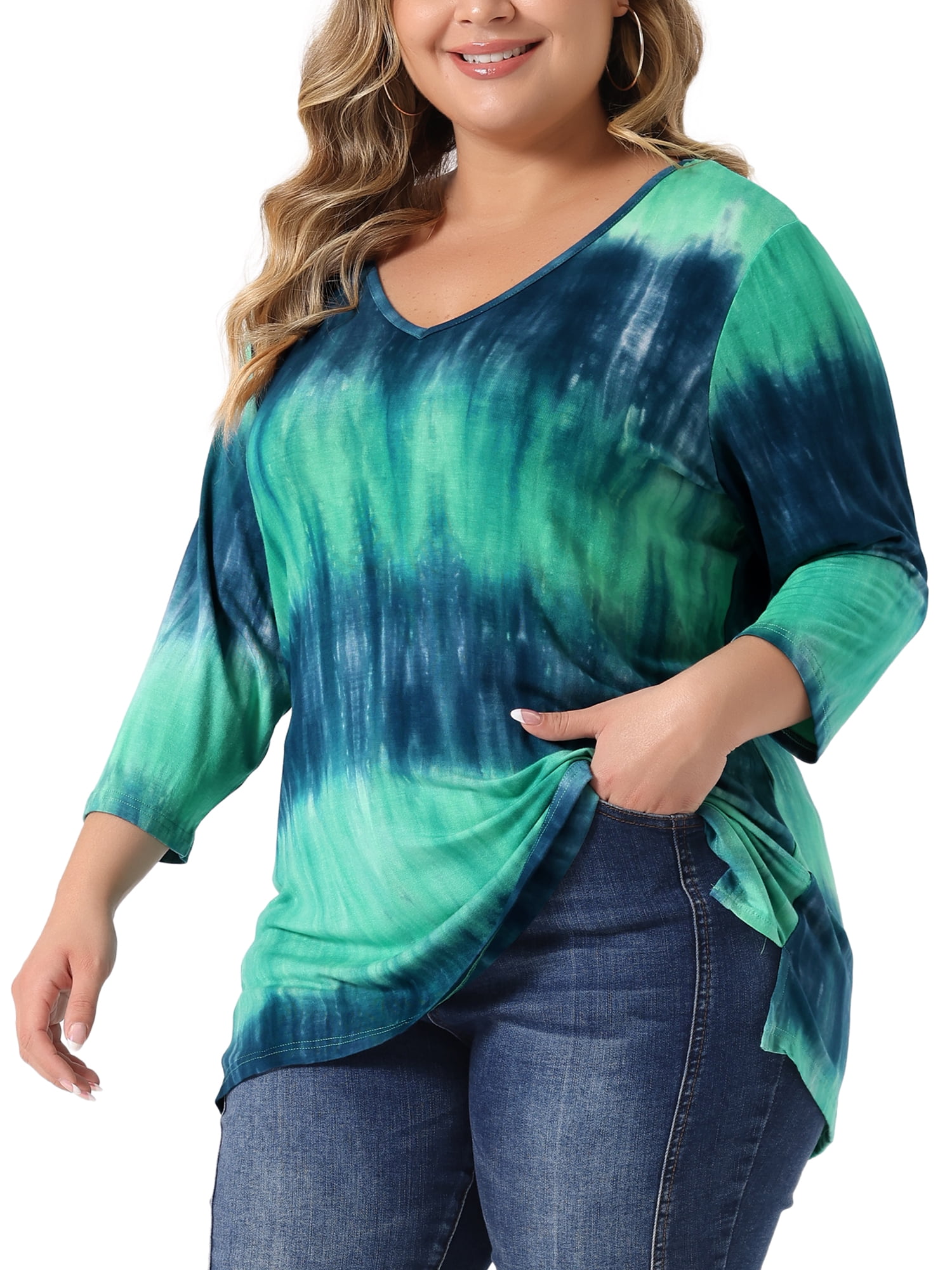 DARING DIVA Women's Plus Size V Neck 3/4 Sleeve Striped Tie Dye Blouse 6X Tiedye Green