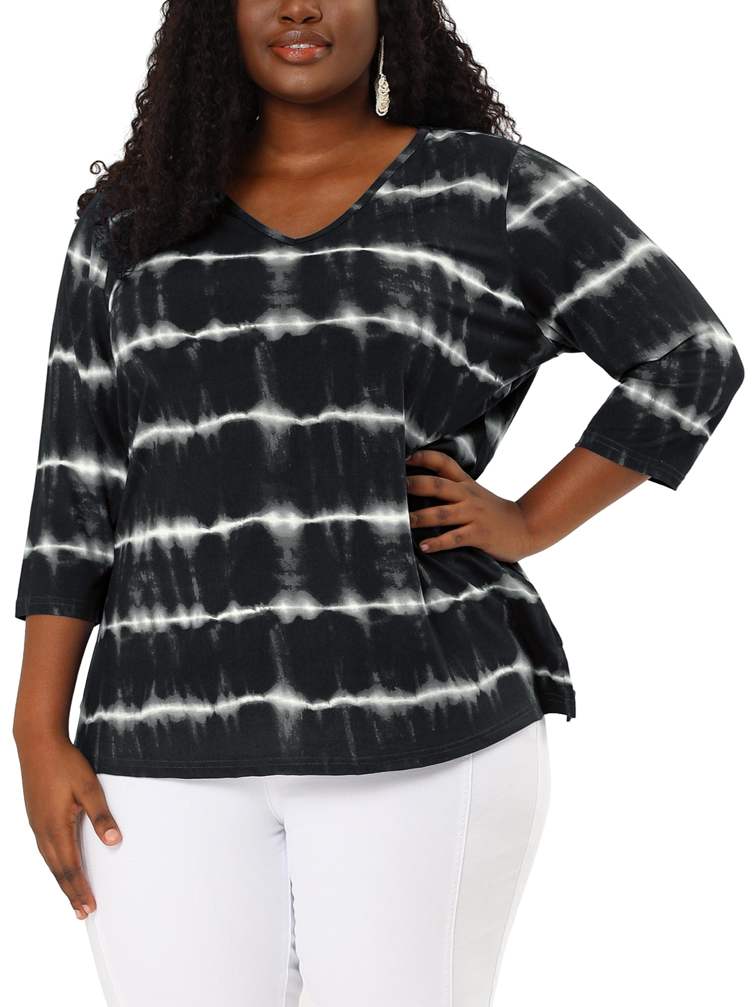DARING DIVA Women's Plus Size V Neck 3/4 Sleeve Striped Tie Dye Blouse L Black