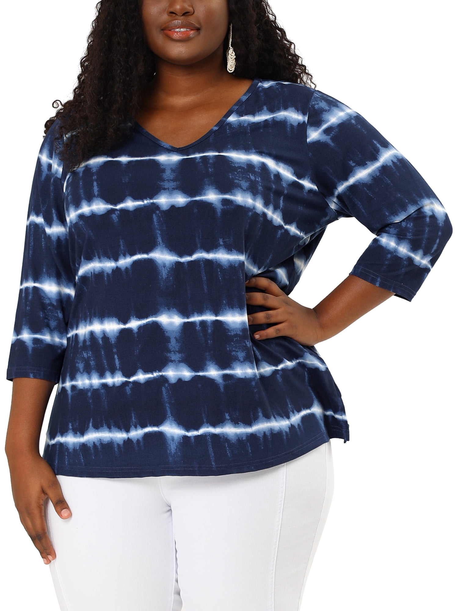 DARING DIVA Women's Plus Size V Neck 3/4 Sleeve Striped Tie Dye Blouse L Blue