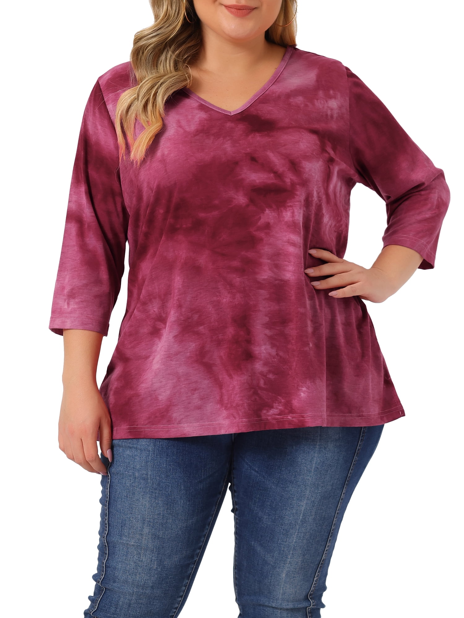DARING DIVA Women's Plus Size V Neck 3/4 Sleeve Striped Tie Dye Blouse L Hot Pink