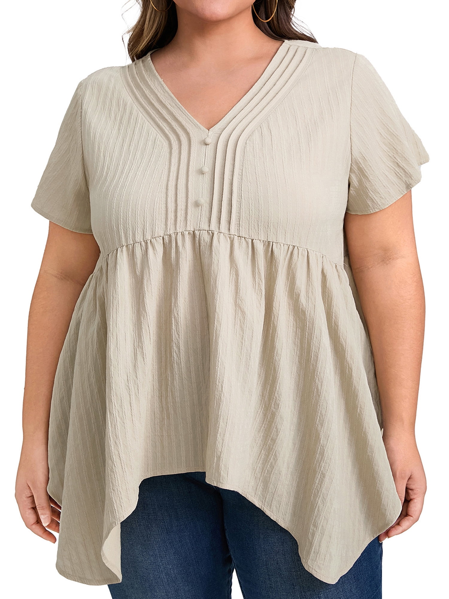 DARING DIVA Women's Plus Size V Neck Short Sleeve Asymmetric Hem Babydoll Top 2X Apricot