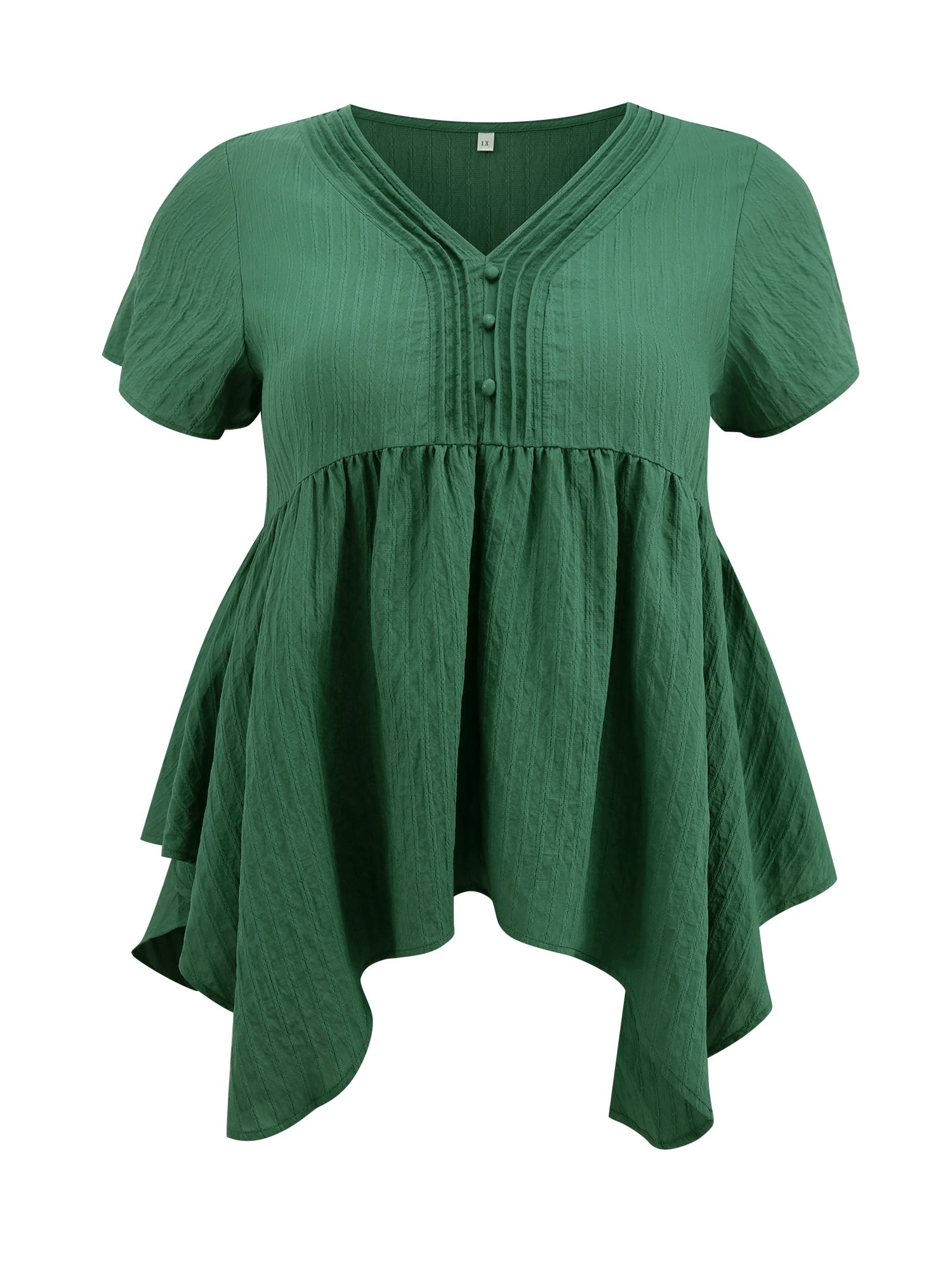 DARING DIVA Women's Plus Size V Neck Short Sleeve Asymmetric Hem Babydoll Top 2X Dark Green