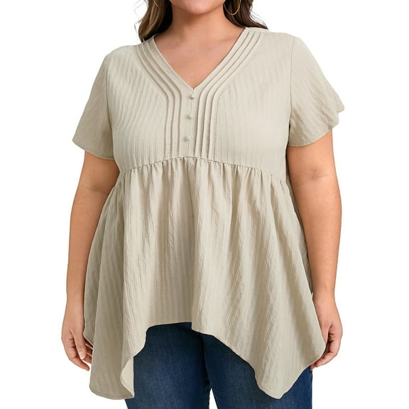 DARING DIVA Women's Plus Size V Neck Asymmetric Hem Babydoll Top 4X Apricot