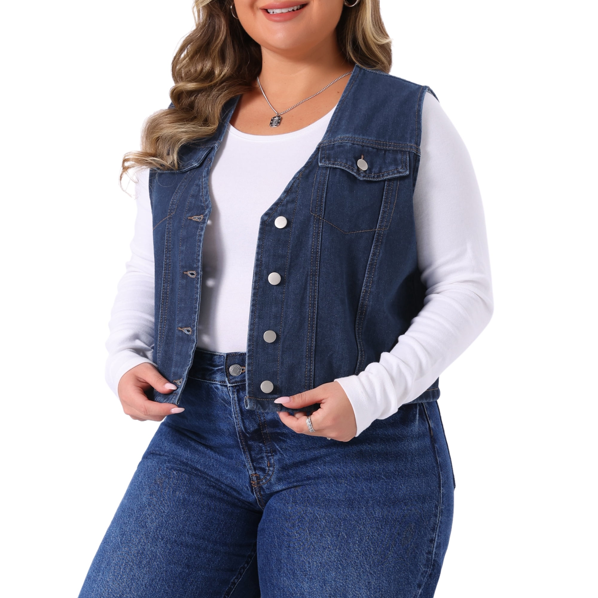DARING DIVA Women's Plus Size V Neck Button Down Casual Denim Vest 1X Dark Blue