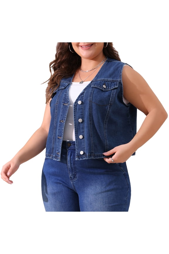 Women's Plus Size V Neck Button Down Casual Denim Vest 3X Blue