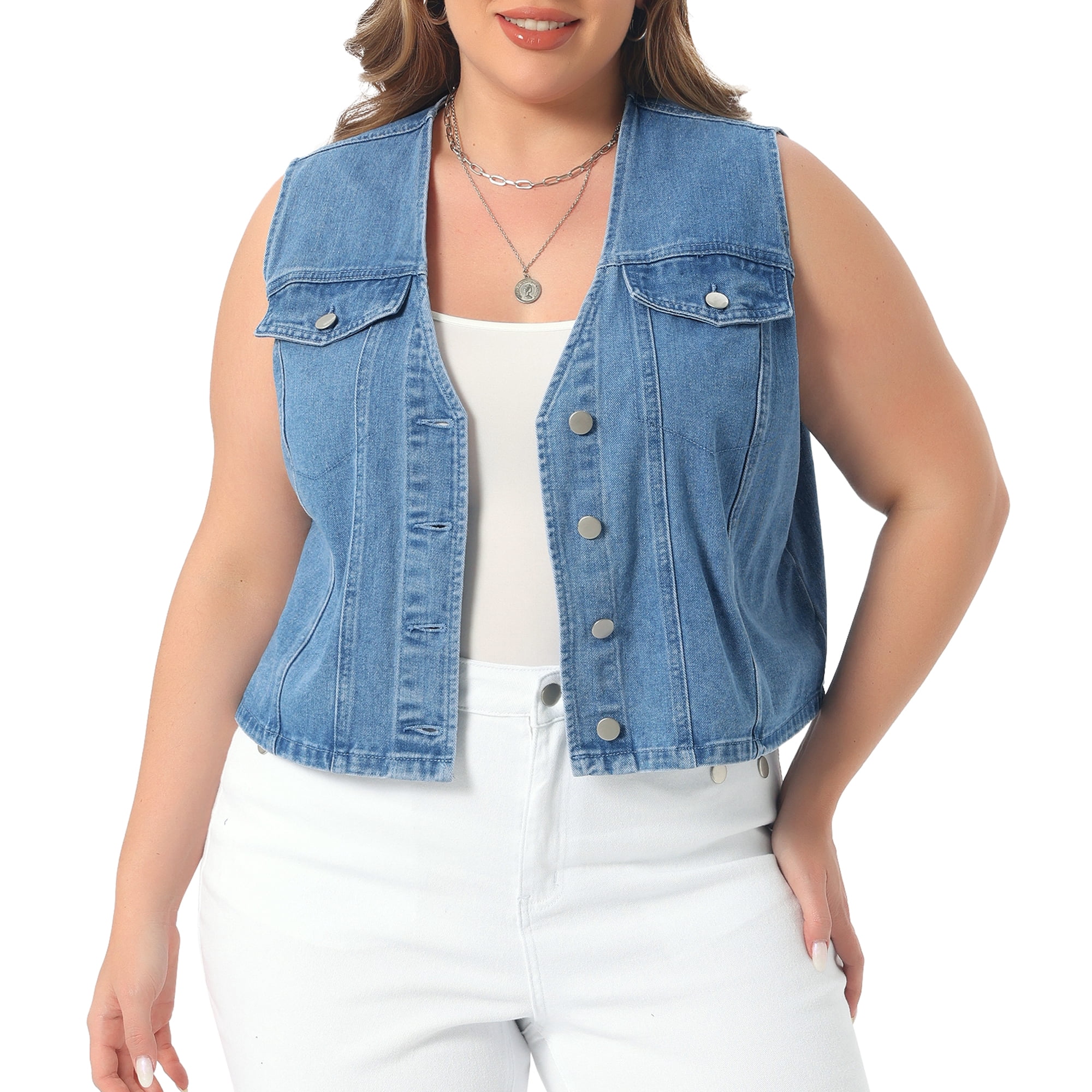 DARING DIVA Women's Plus Size V Neck Button Down Casual Denim Vest 3X Light Blue