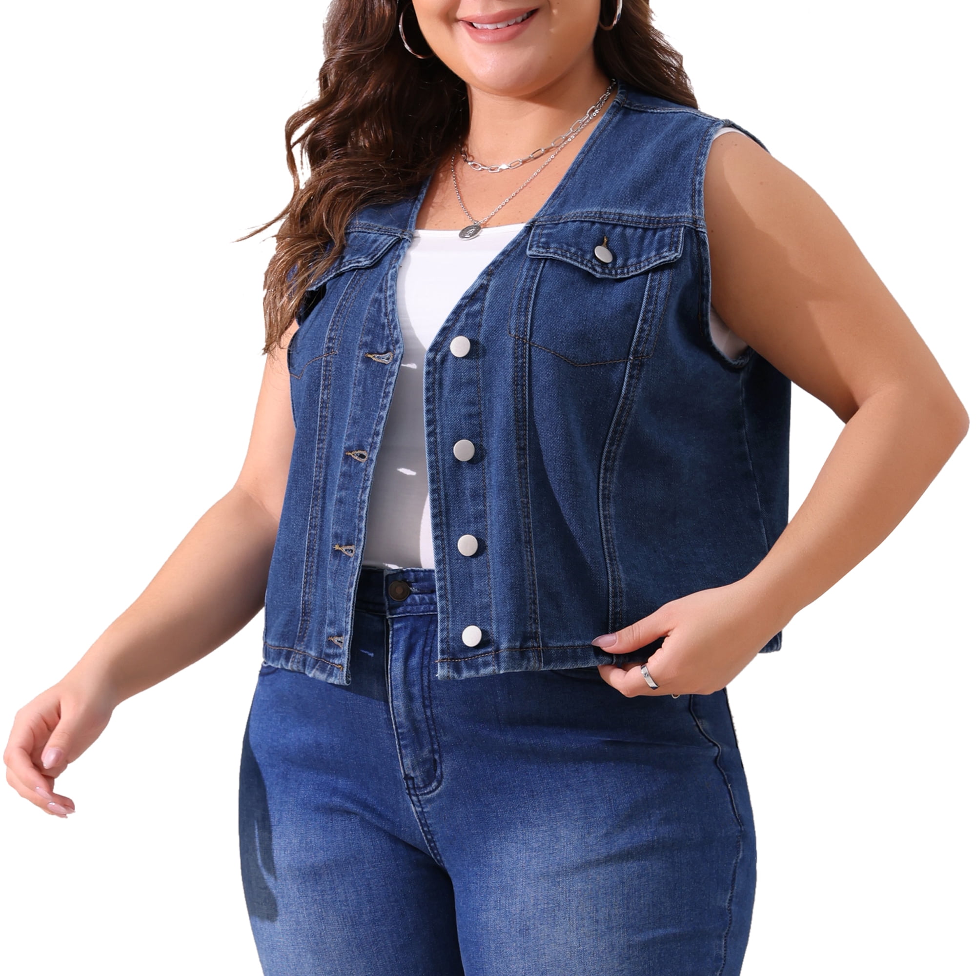 DARING DIVA Women's Plus Size V Neck Button Down Casual Denim Vest 4X Blue