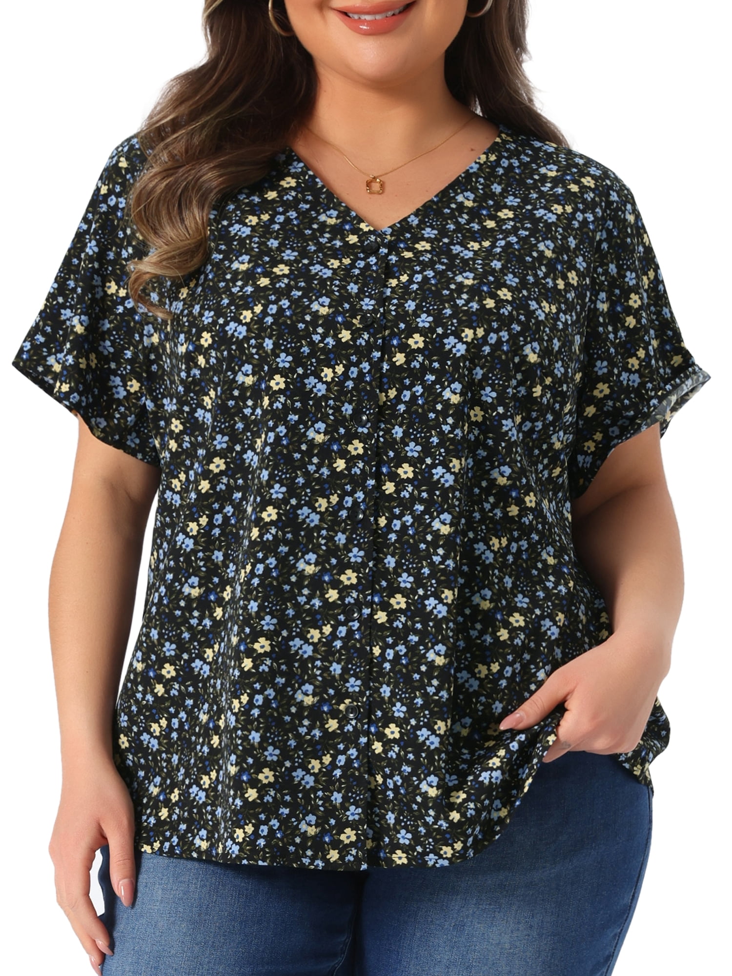 DARING DIVA Women's Plus Size V Neck Button Short Sleeve Floral Shirts 4X Black Blue