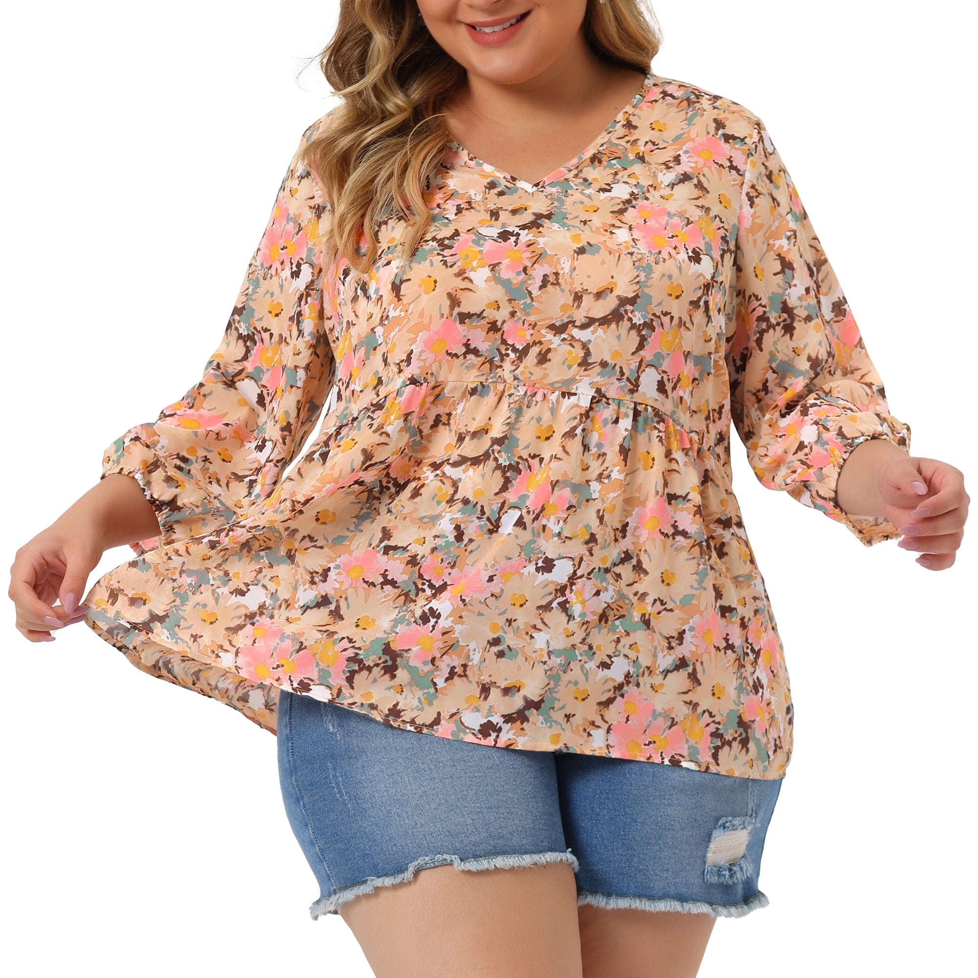 DARING DIVA Women's Plus Size V Neck Flowy 3/4 Sleeve Floral Blouse 4X Dark Pink