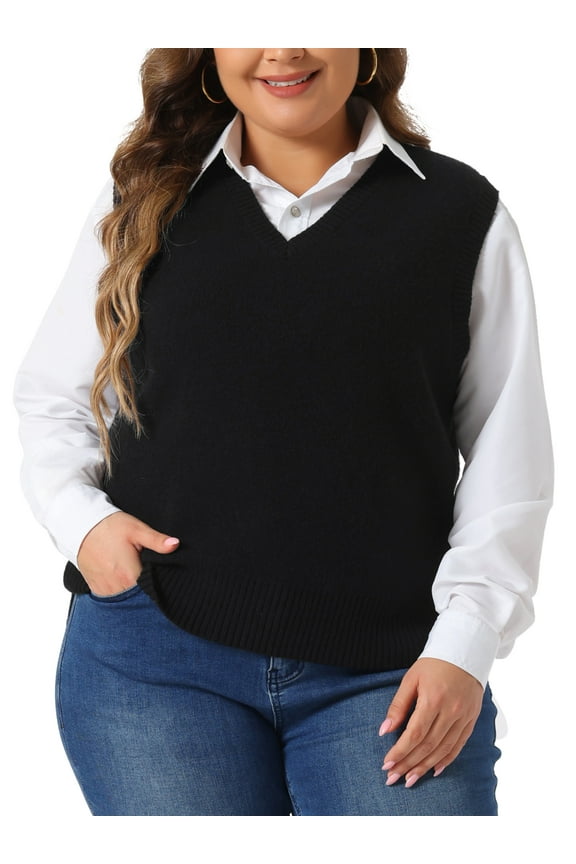Women's Plus Size V Neck Knit Sweater Vest 1X Black