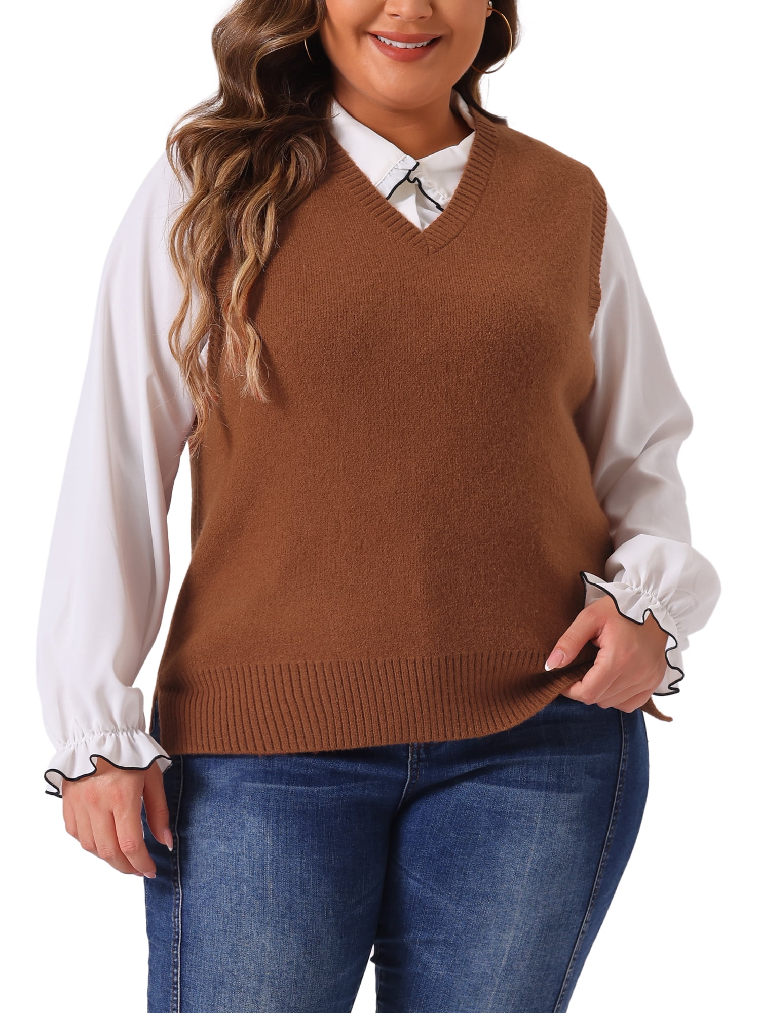 DARING DIVA Women's Plus Size V Neck Knit Sweater Vest 2X Brown