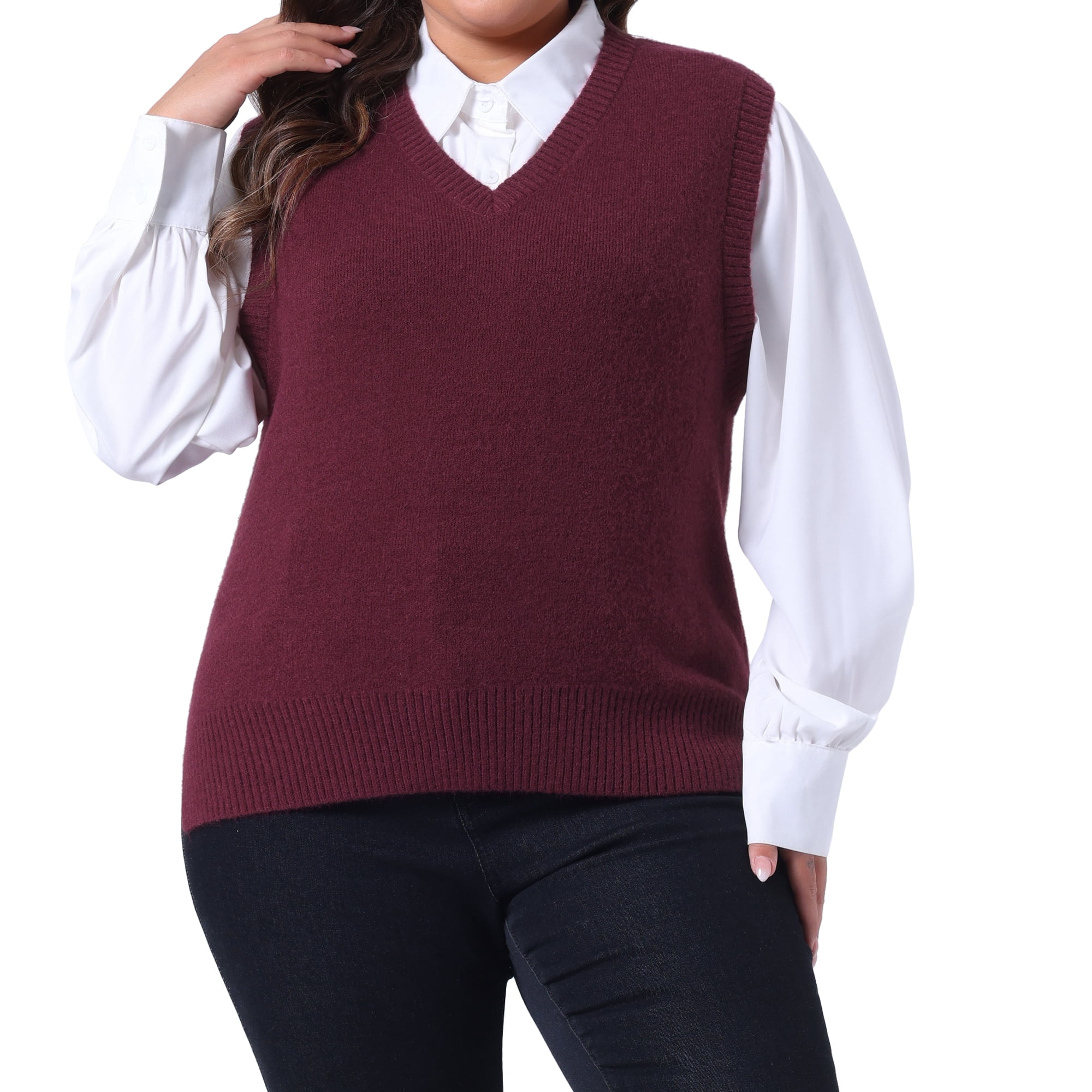 DARING DIVA Women's Plus Size V Neck Knit Sweater Vest 2X Burgundy