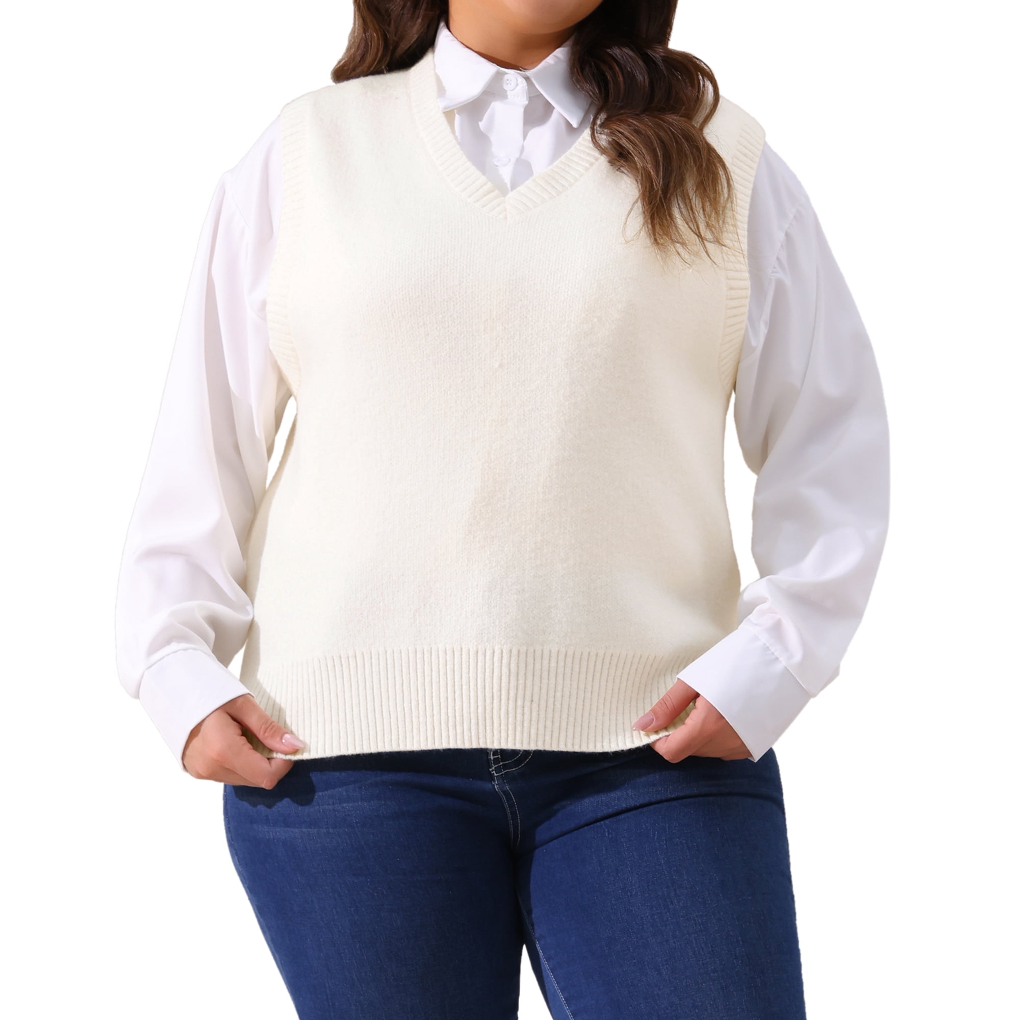 DARING DIVA Women's Plus Size V Neck Knit Sweater Vest 2X White