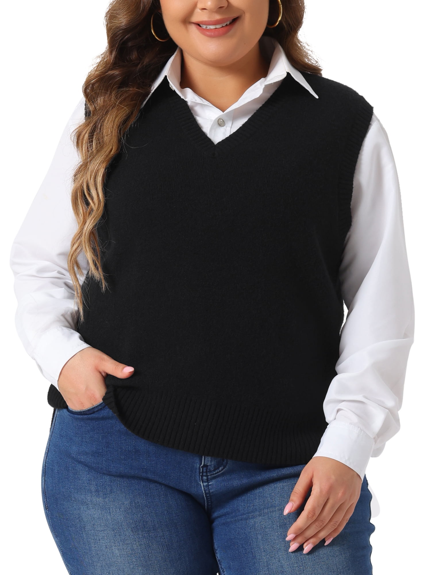 DARING DIVA Women's Plus Size V Neck Knit Sweater Vest 3X Black