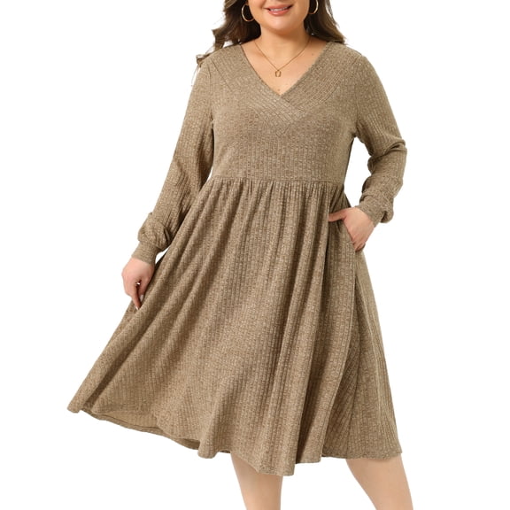 DARING DIVA Women's Plus Size V Neck Long Sleeve Ribbed Knit A Line Dress 1X Brown