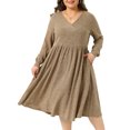 thumbnail image 1 of DARING DIVA Women's Plus Size V Neck Long Sleeve Ribbed Knit A Line Dress 2X Brown, 1 of 6