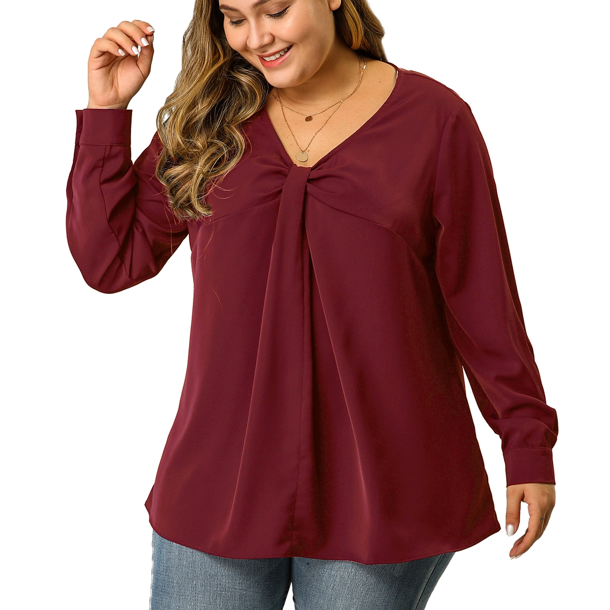 DARING DIVA Women's Plus Size V Neck Loose Long Sleeve Twist Knot Top 4X Burgundy