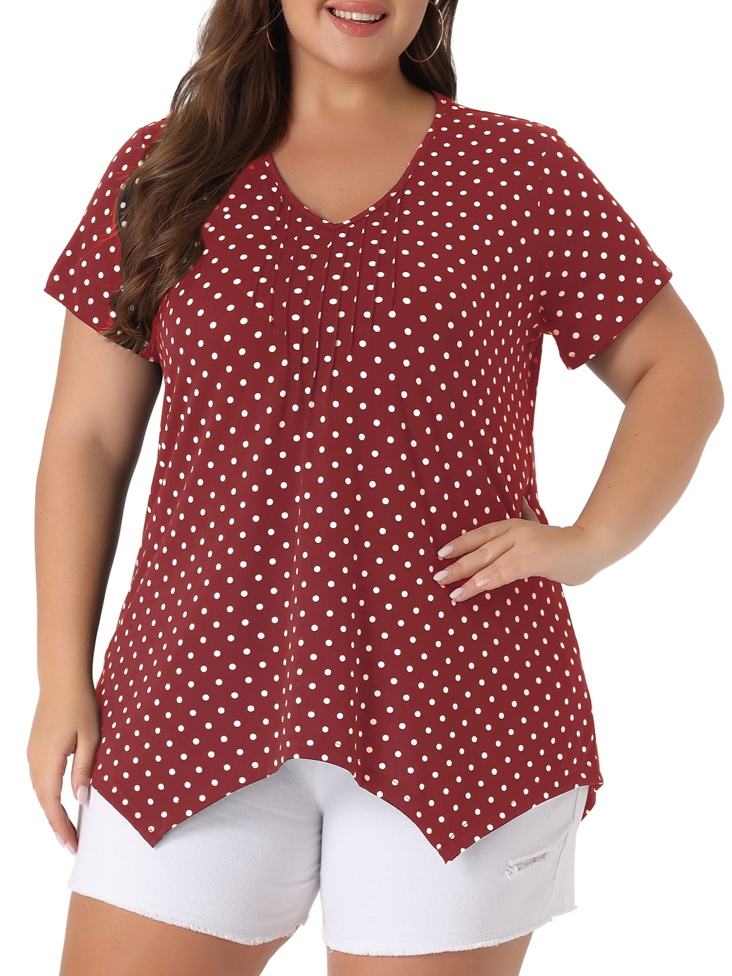 DARING DIVA Women's Plus Size V Neck Pintuck Short Sleeve Polka Dots Top 4X Burgundy