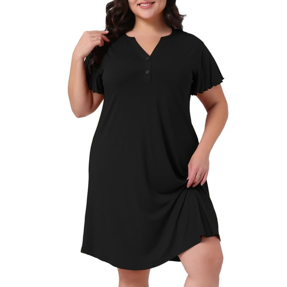 DARING DIVA Women's Plus Size V Neck Ruffle Short Sleeve Nightgowns 1X Black