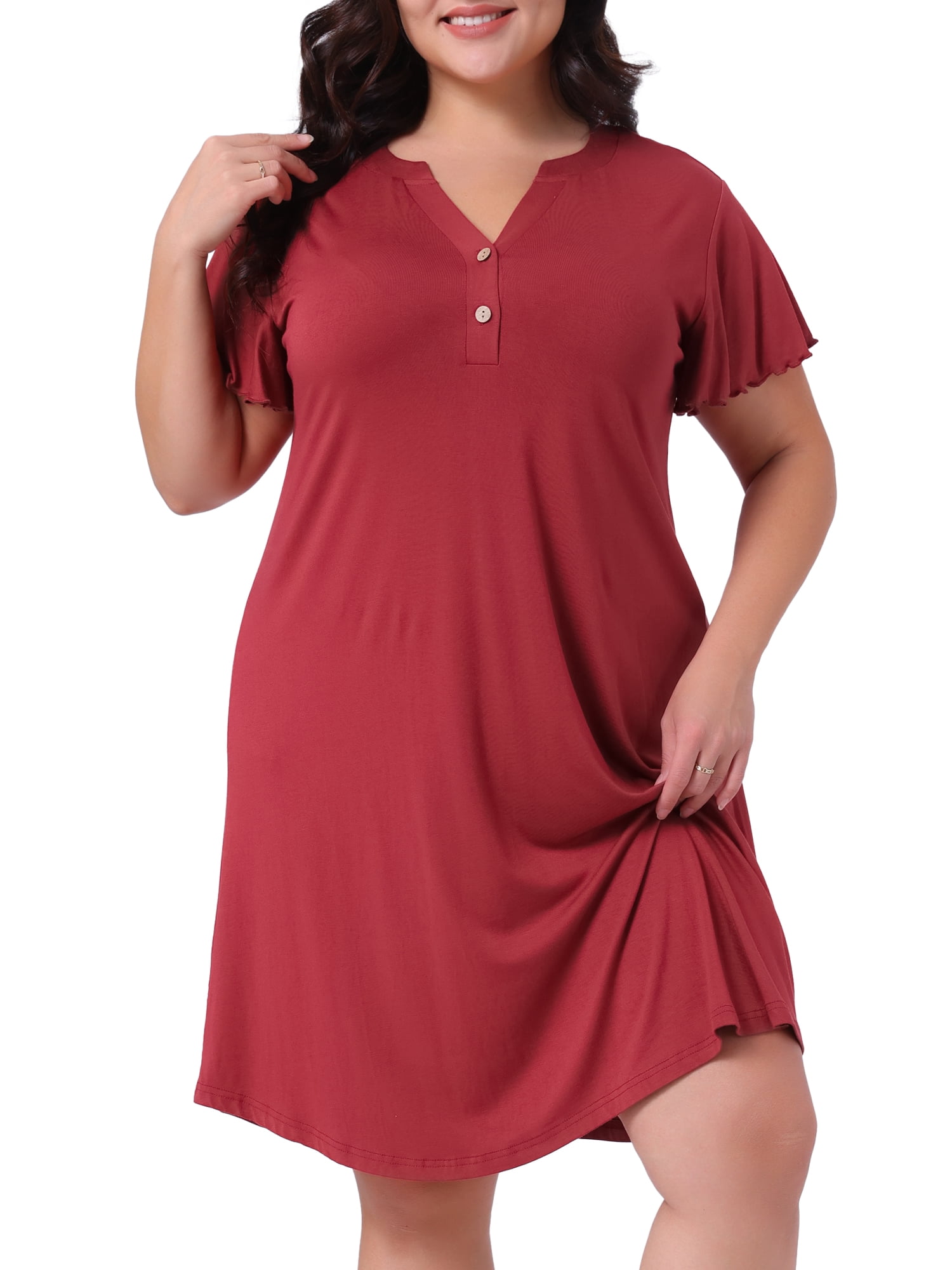 DARING DIVA Women's Plus Size V Neck Ruffle Short Sleeve Nightgowns 1X Burgundy