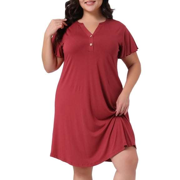 DARING DIVA Women's Plus Size V Neck Ruffle Short Sleeve Nightgowns 1X Burgundy