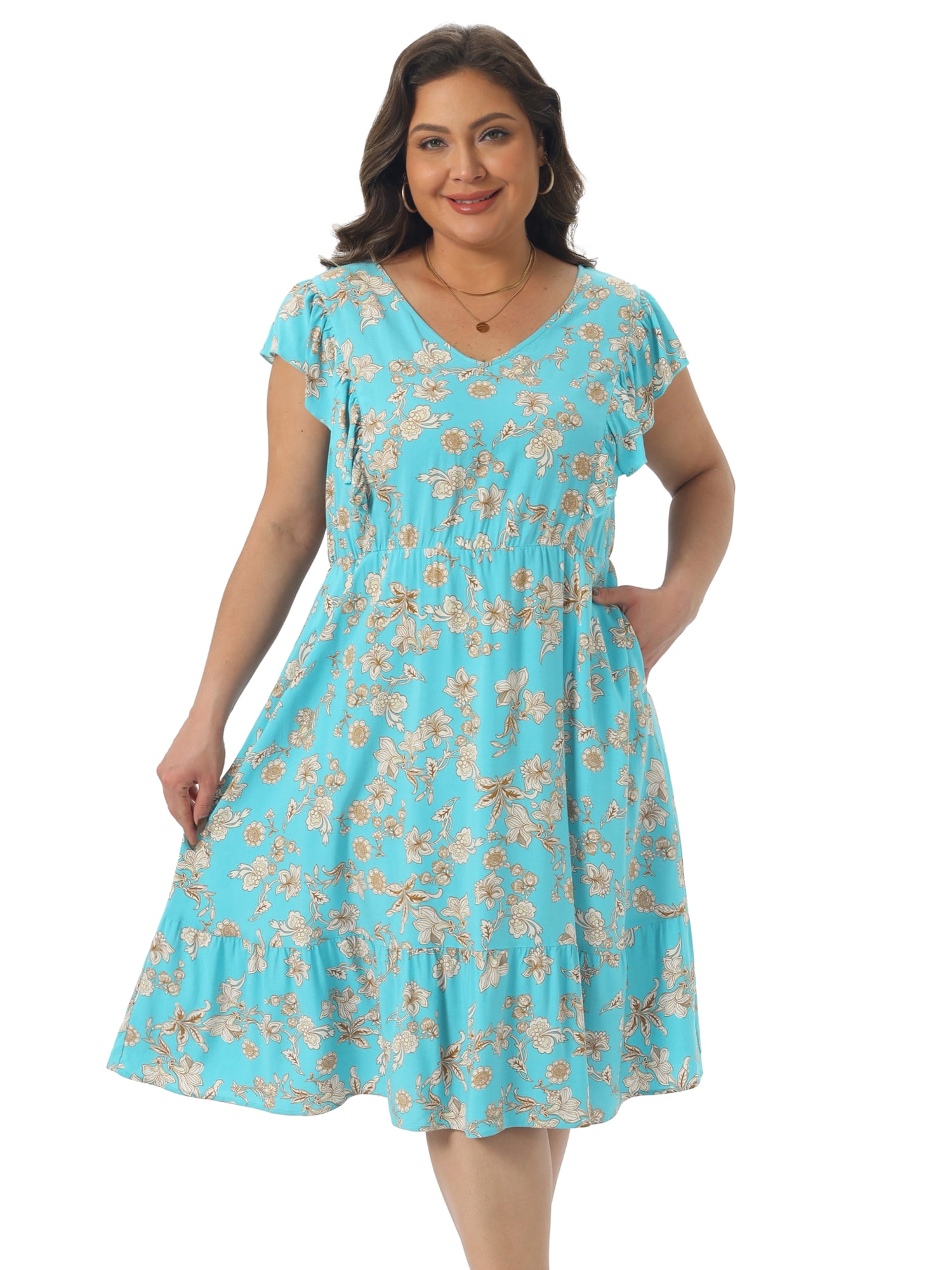 DARING DIVA Women's Plus Size V Neck Ruffle Sleeve Knee Length Casual Dress 3X Lake Blue