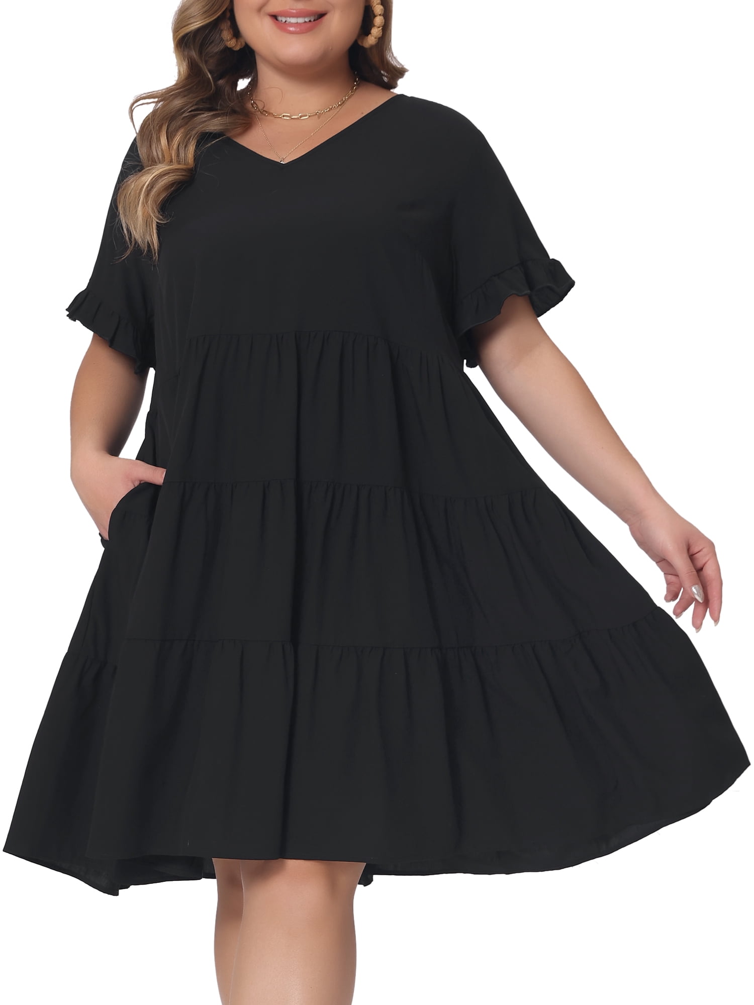 DARING DIVA Women's Plus Size V Neck Ruffle Sleeve Swing A Line Tiered Dress 4X Black
