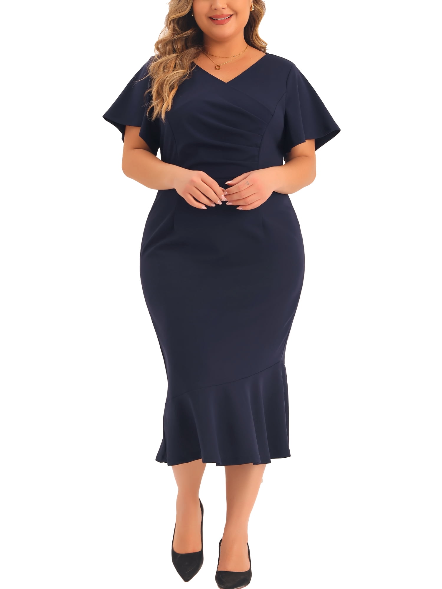 DARING DIVA Women's Plus Size V Neck Ruffled Short Sleeves Dress 1X Navy Blue