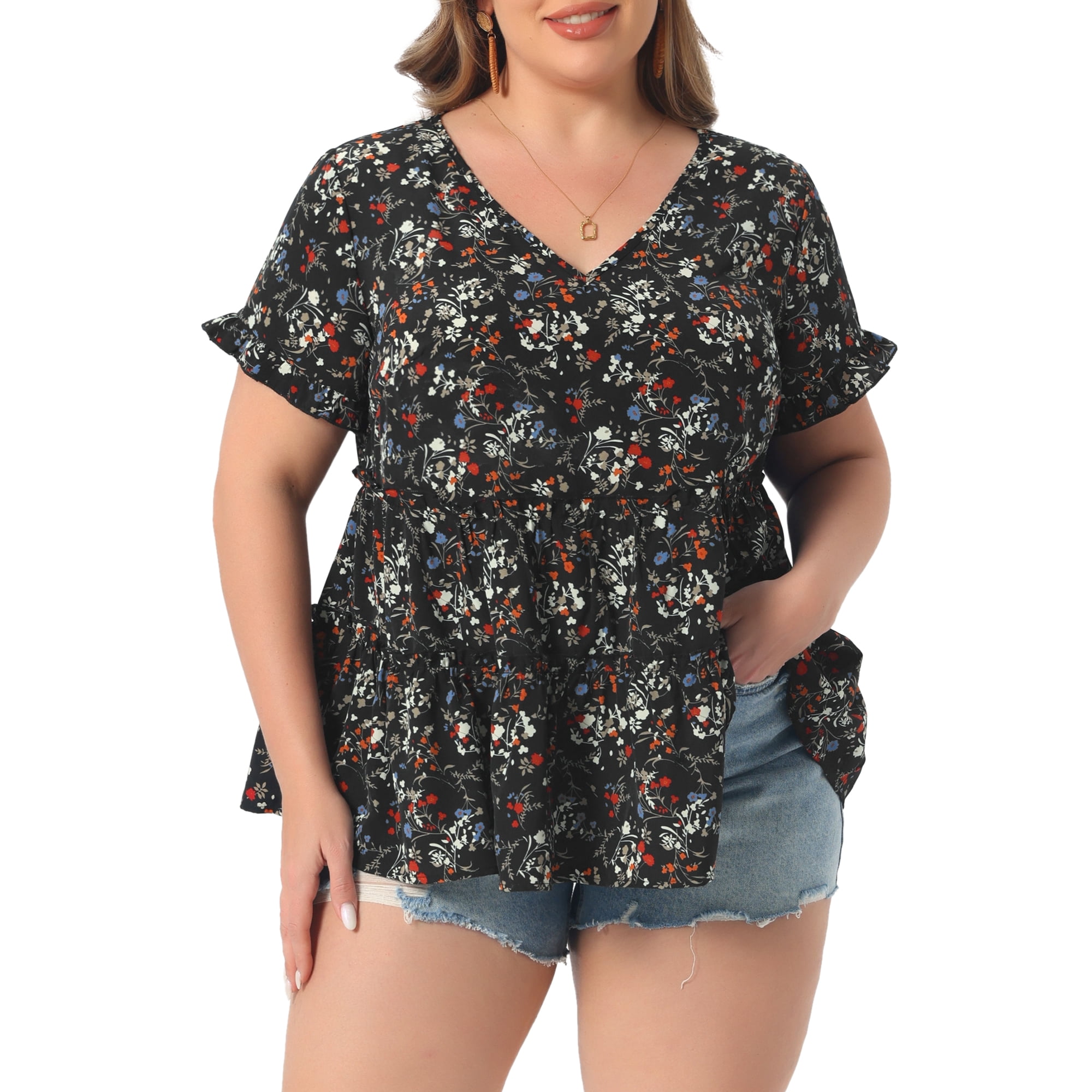 DARING DIVA Women's Plus Size V Neck Short Sleeve Floral Babydoll Blouse 1X Black White