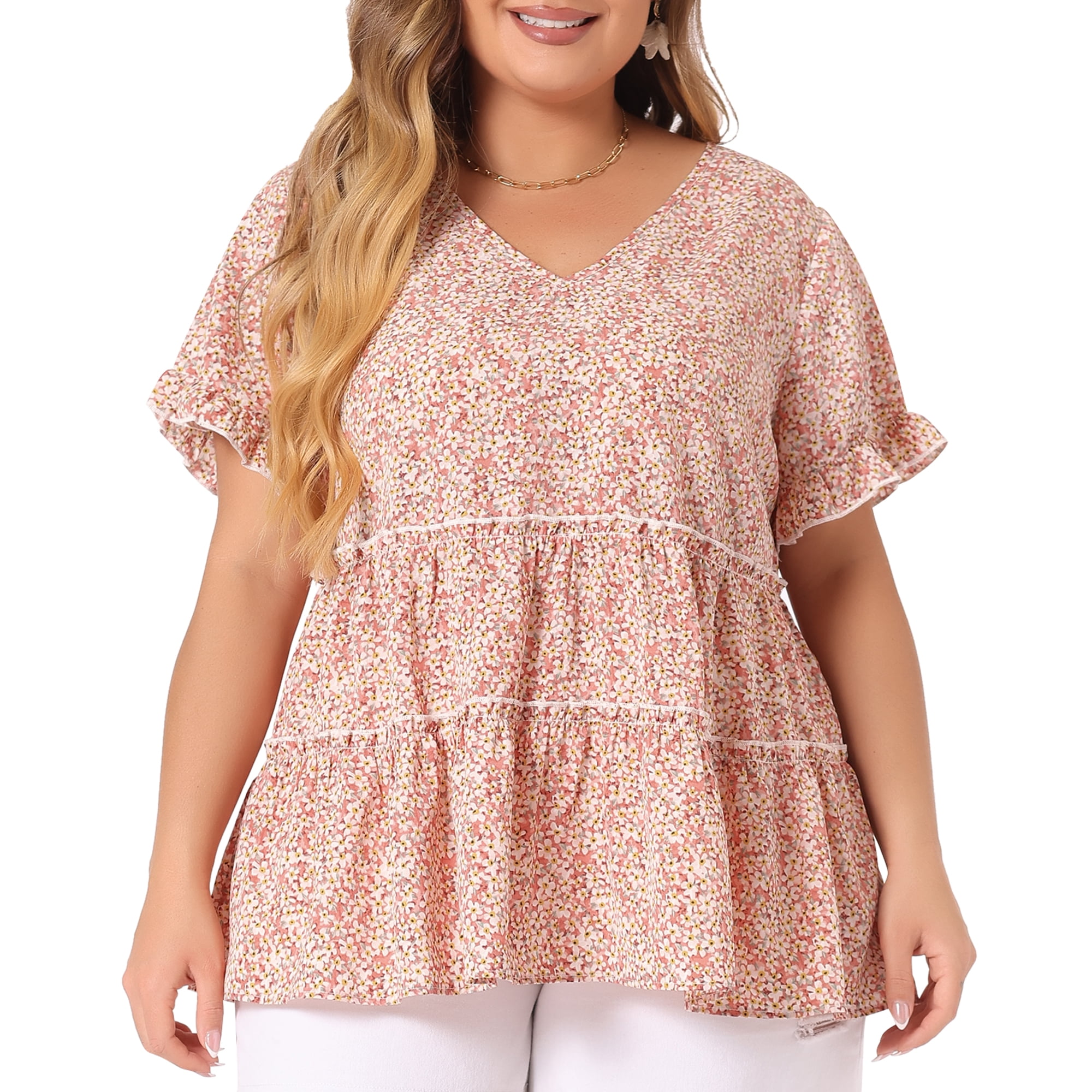 DARING DIVA Women's Plus Size V Neck Short Sleeve Floral Babydoll Blouse 1X Pink