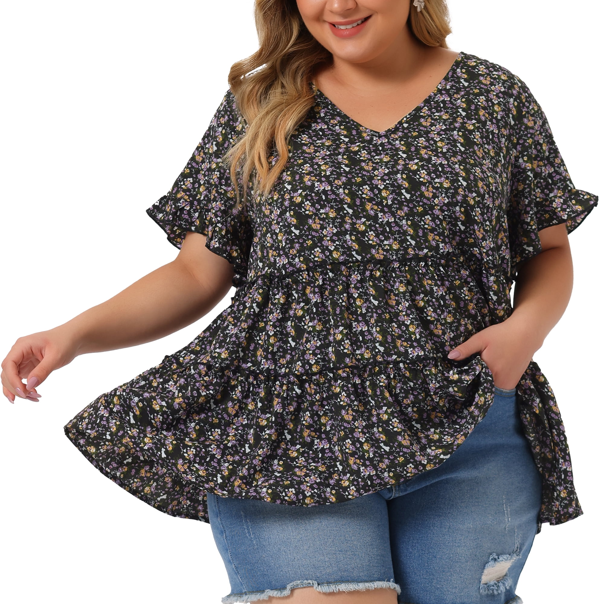 DARING DIVA Women's Plus Size V Neck Short Sleeve Floral Babydoll Blouse 6X Black Purple