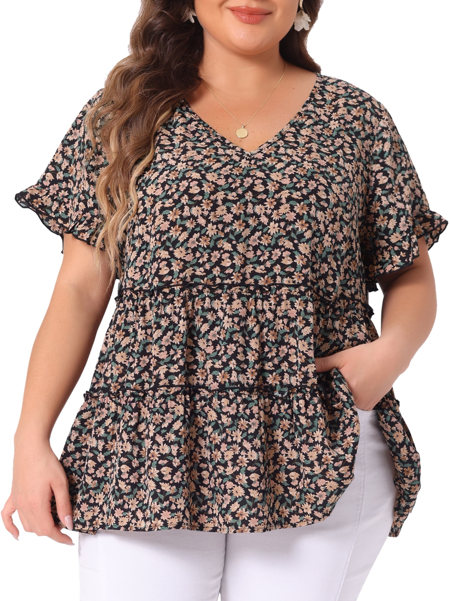 DARING DIVA Women's Plus Size V Neck Short Sleeve Floral Babydoll Blouse L Black Beige