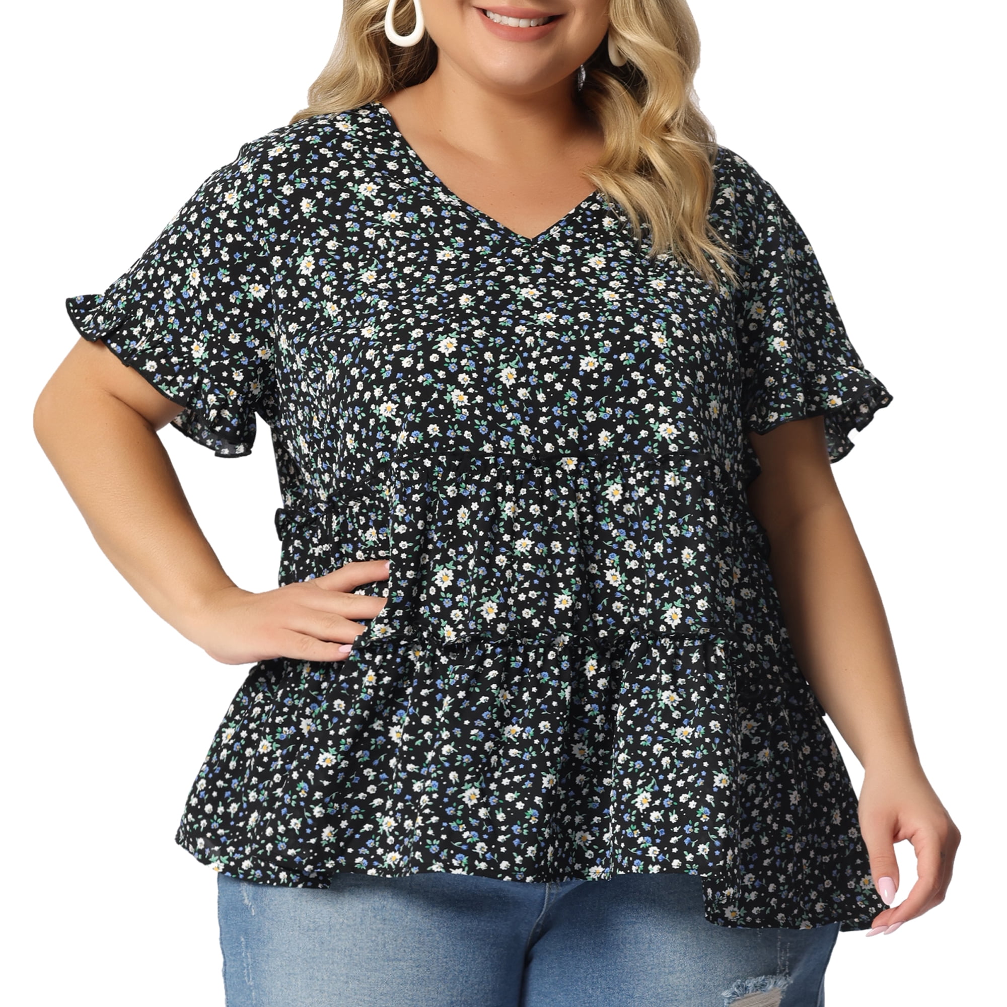 DARING DIVA Women's Plus Size V Neck Short Sleeve Floral Babydoll Blouse L Black