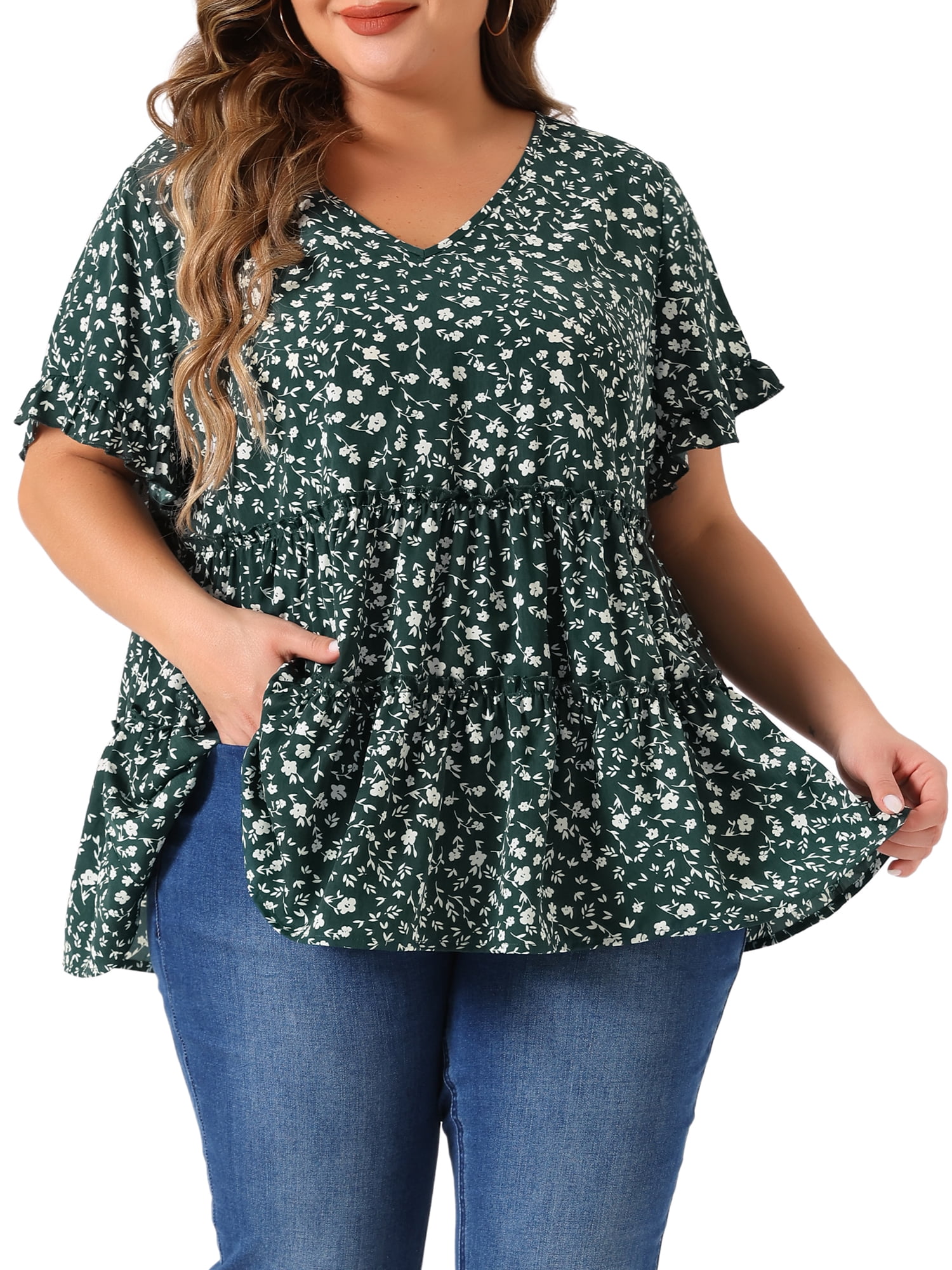 DARING DIVA Women's Plus Size V Neck Short Sleeve Floral Babydoll Blouse L Green