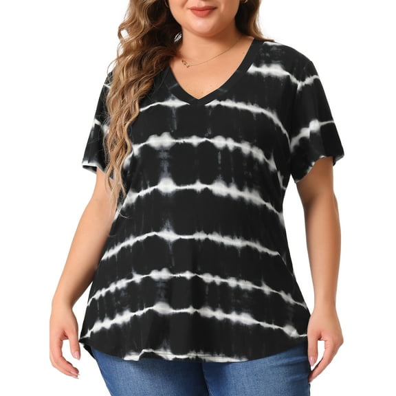 DARING DIVA Women's Plus Size V Neck Short Sleeve Loose Tie Dye Tunic Tops 2X Black