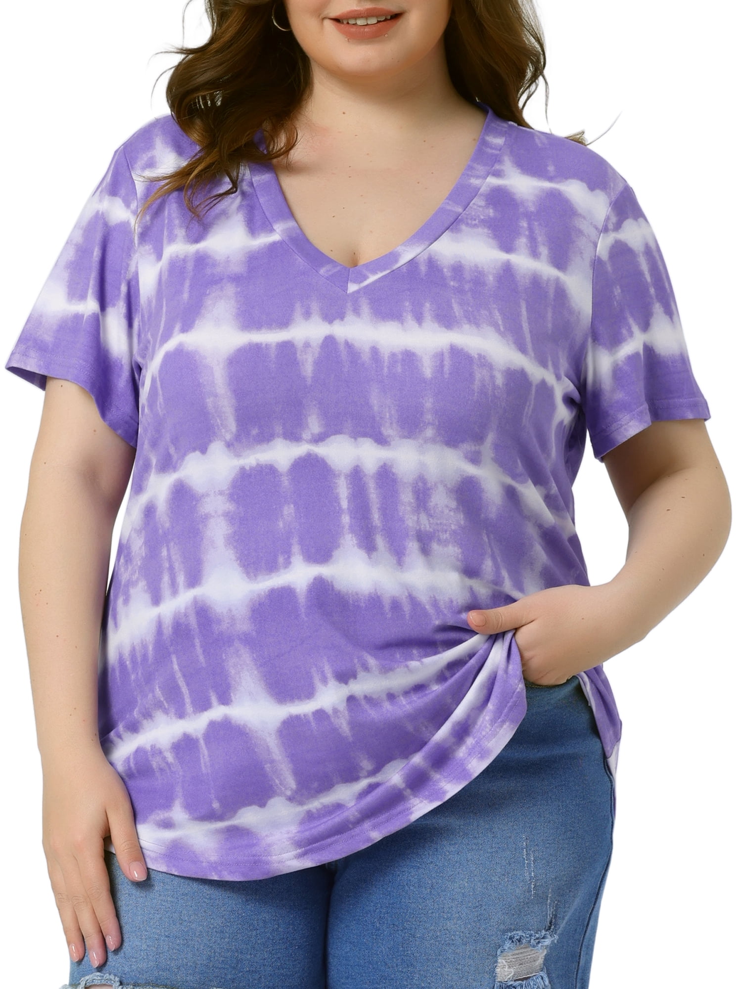 DARING DIVA Women's Plus Size V Neck Short Sleeve Tie Dye Tunic Top 2X Purple
