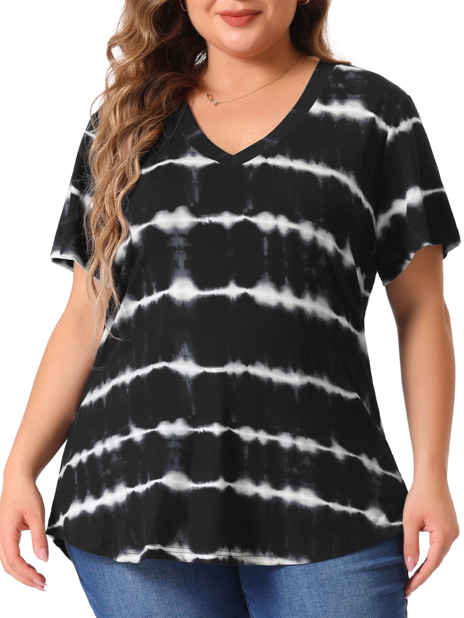 DARING DIVA Women's Plus Size V Neck Short Sleeve Tie Dye Tunic Top 3X Black