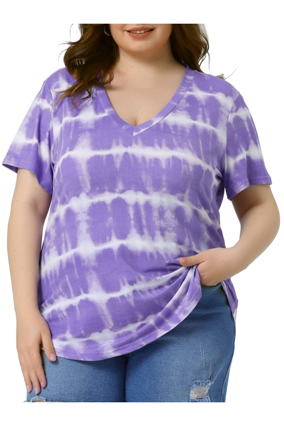 Women's Plus Size V Neck Short Sleeve Loose Tie Dye Tunic Tops 4X Purple