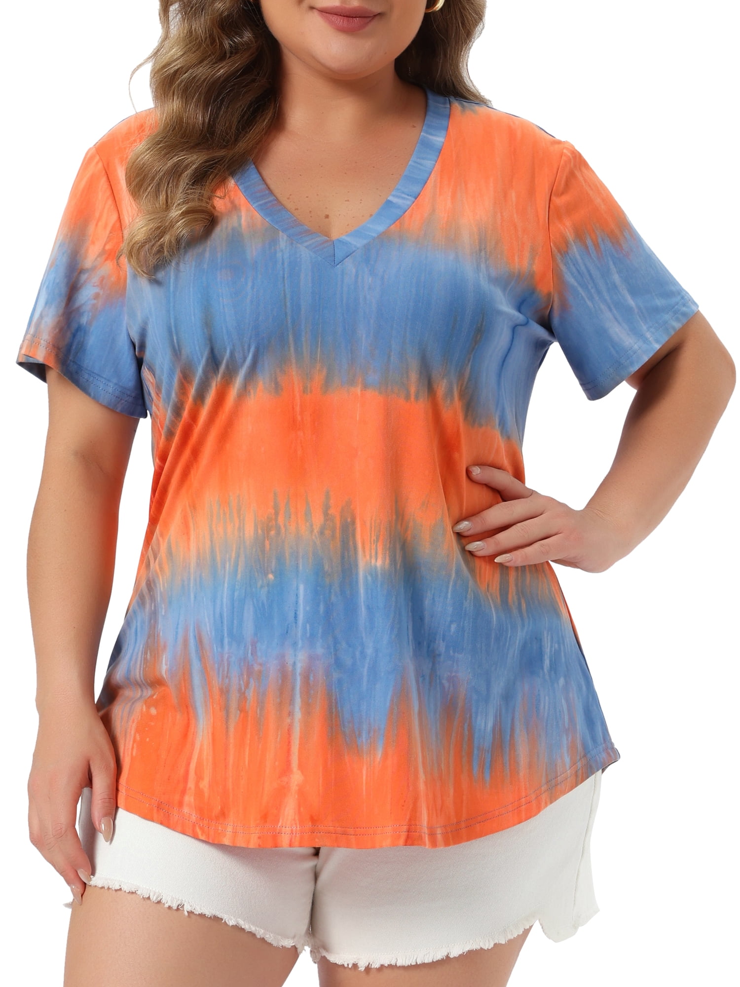 DARING DIVA Women's Plus Size V Neck Short Sleeve Tie Dye Tunic Top 1X Orange Blue