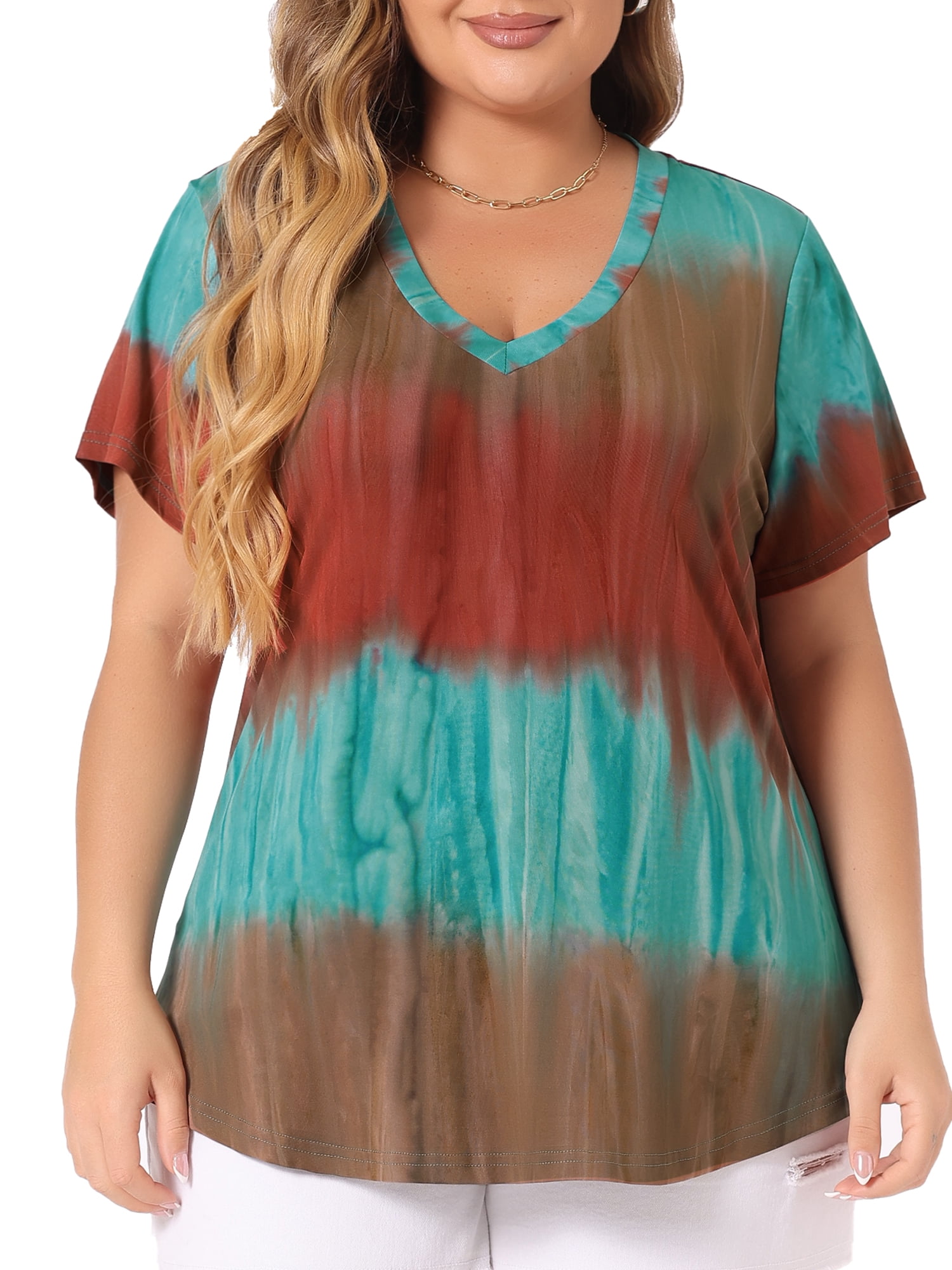 DARING DIVA Women's Plus Size V Neck Short Sleeve Tie Dye Tunic Top 3X Orange