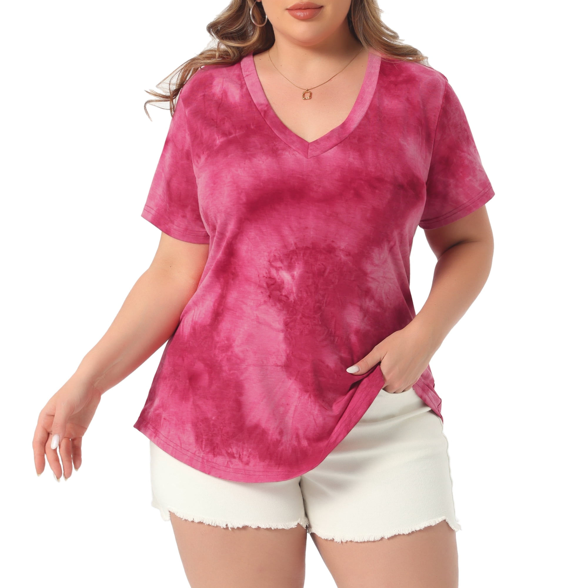 DARING DIVA Women's Plus Size V Neck Short Sleeve Tie Dye Tunic Top 4X Burgundy
