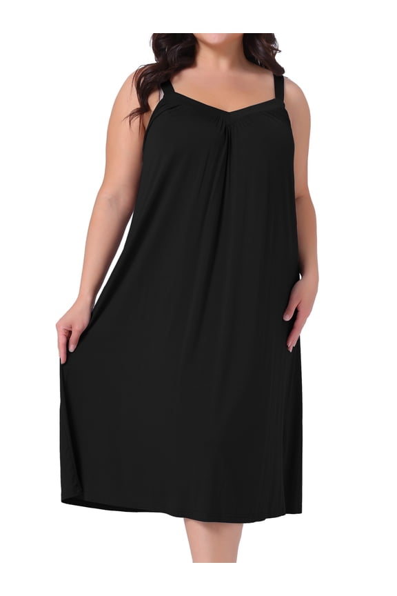 Women's Plus Size V Neck Sleeveless Spaghetti Strap Nightgown 1X Black