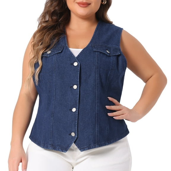 DARING DIVA Women's Plus Size V Neck Sleeveless Utility Denim Vests 1X Dark Blue