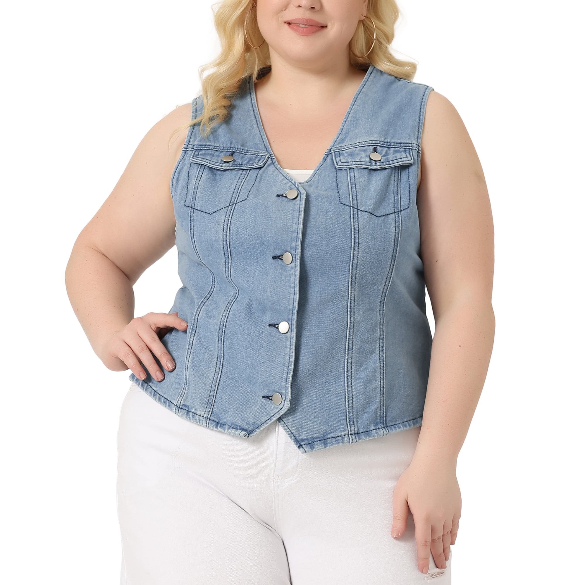 DARING DIVA Women's Plus Size V Neck Sleeveless Utility Denim Vests 1X Light Blue