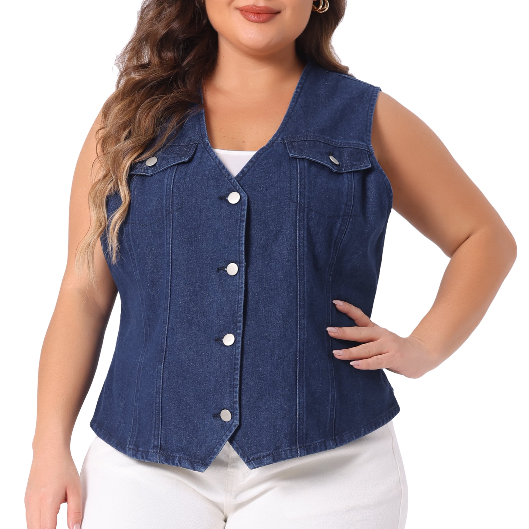 DARING DIVA Women's Plus Size V Neck Sleeveless Utility Denim Vests 2X Dark Blue