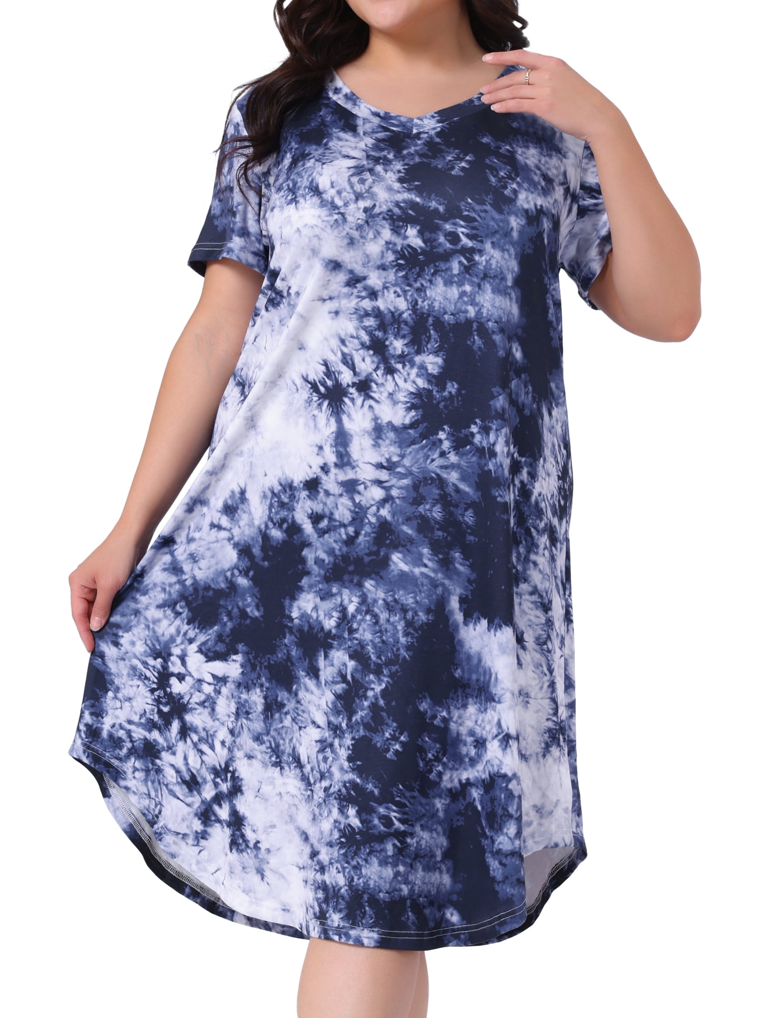 DARING DIVA Women's Plus V Neck Soft Tie Dye Short Sleeve Nightgown 1X Dark Blue