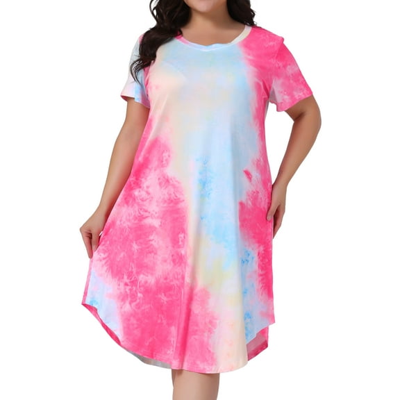 DARING DIVA Women's Plus Size V Neck Soft Tie Dye Short Sleeve Nightgown 1X Hot Pink