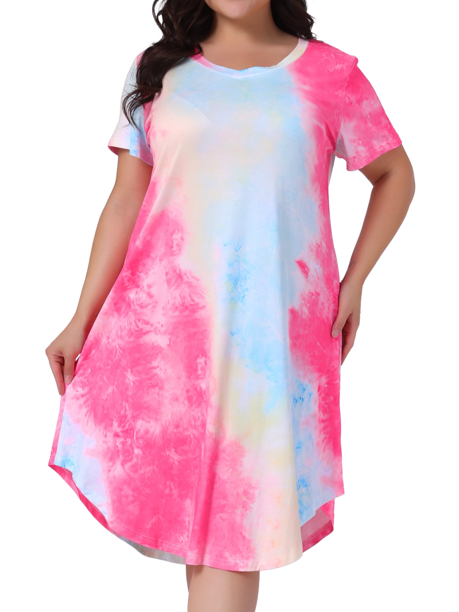 DARING DIVA Women's Plus V Neck Soft Tie Dye Short Sleeve Nightgown 4X Hot Pink