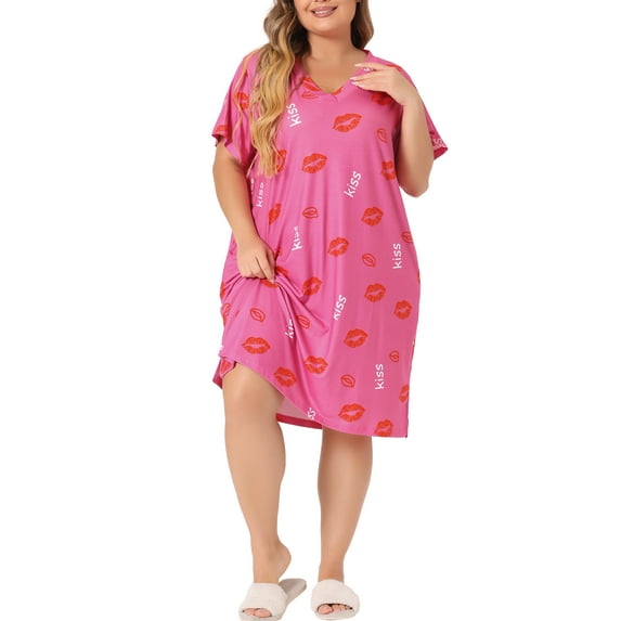 DARING DIVA Women's Plus Size V Neck Star Moon Pattern Nightgown 1X Hot Pink