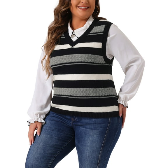 DARING DIVA Women's Plus Size V Neck Striped Knit Sweater Vests 1X Black